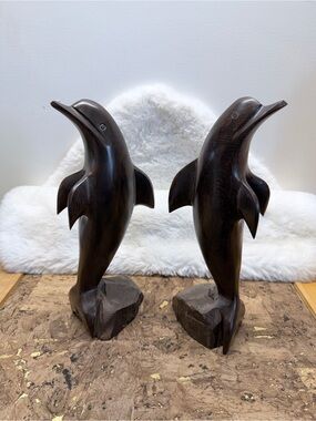 Hand-Carved Dark Wood Heavy Weight Dolphin Sculptures - Pair Folk Art 🐬